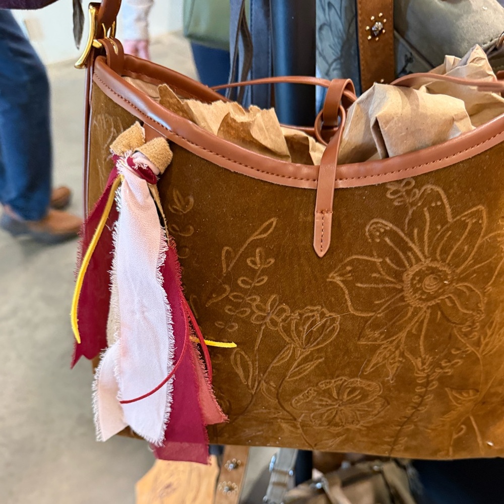Floral Hand Burned Brown Suede Bag - Picture 1 of 2